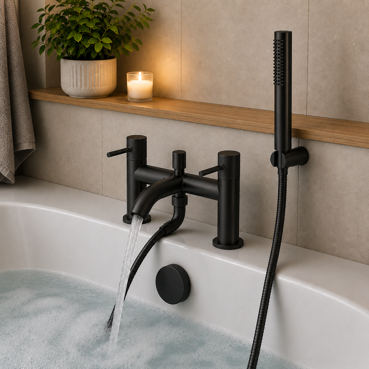 Tudeley Deck Mounted Bath Shower Mixer with Knurled Handles – 5 Finishes