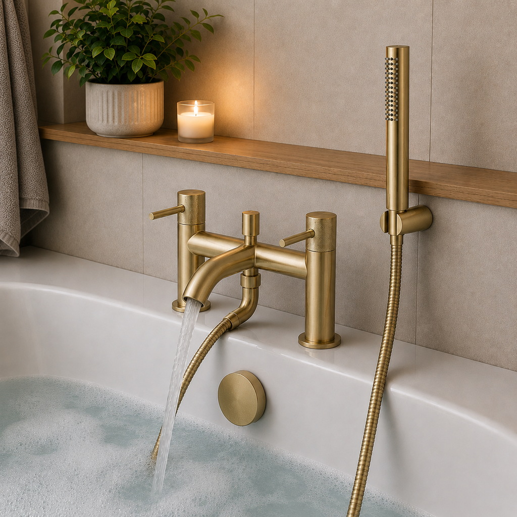 Tudeley Deck Mounted Bath Shower Mixer with Knurled Handles – 5 Finishes