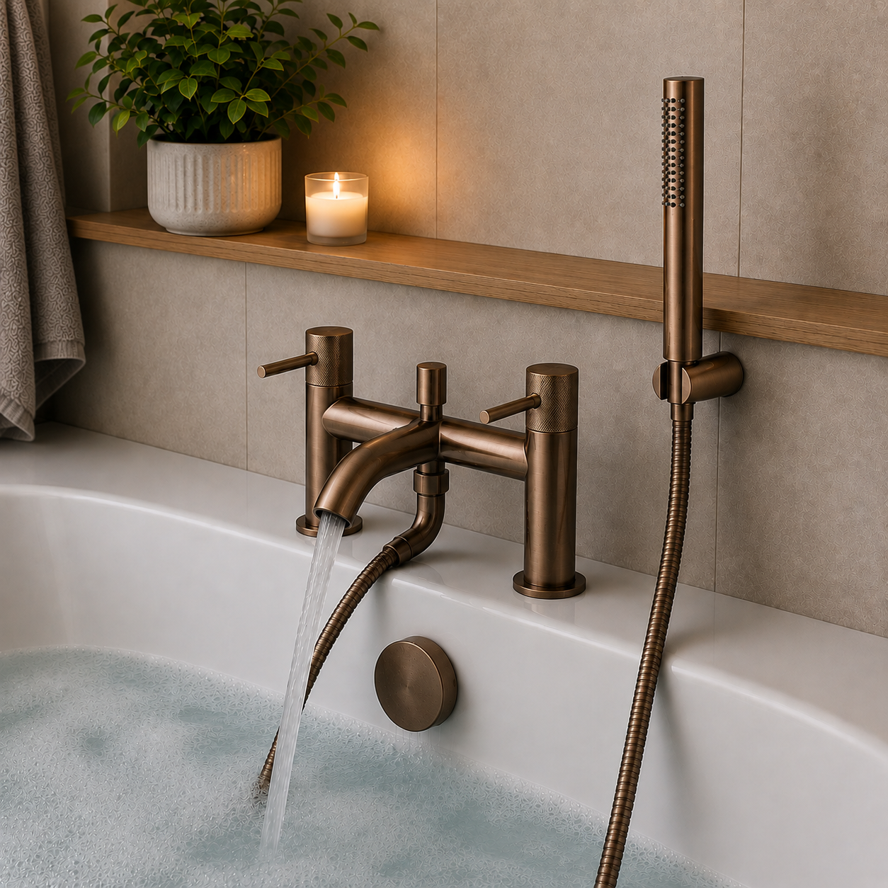 Tudeley Deck Mounted Bath Shower Mixer with Knurled Handles – 5 Finishes