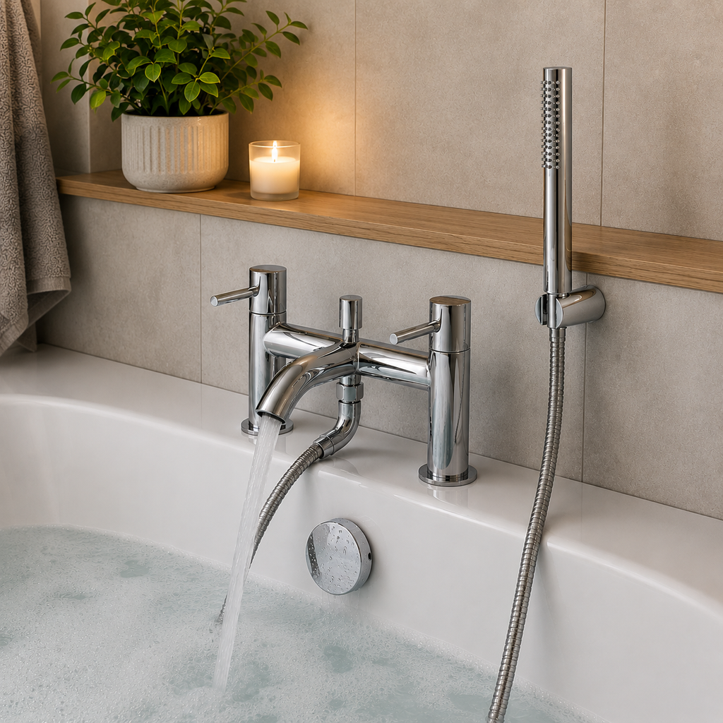 Tudeley Deck Mounted Bath Shower Mixer with Knurled Handles – 5 Finishes