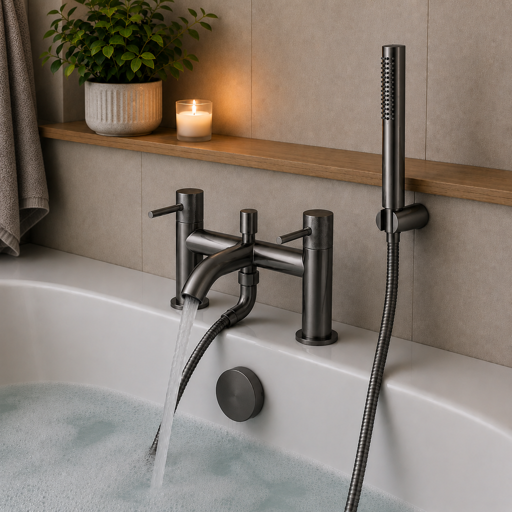 Tudeley Deck Mounted Bath Shower Mixer with Knurled Handles – 5 Finishes