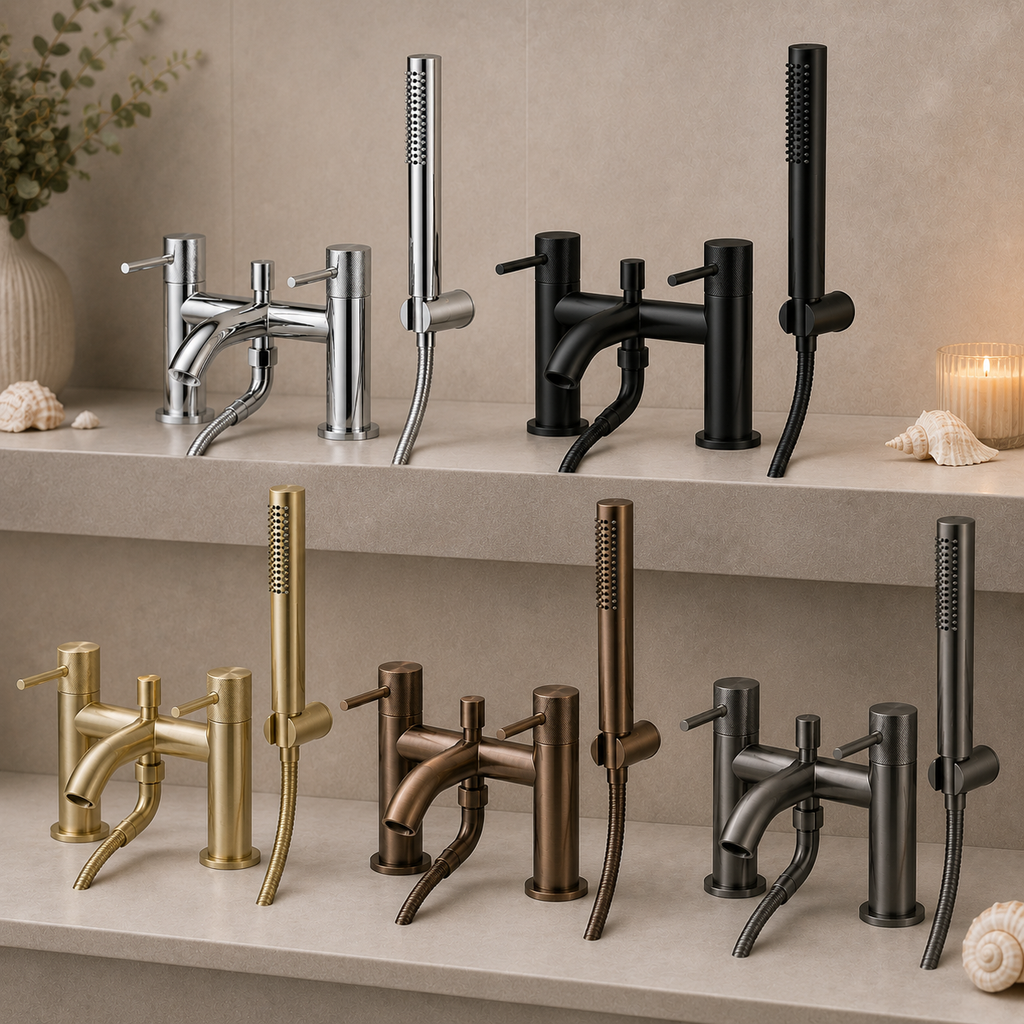Tudeley Deck Mounted Bath Shower Mixer with Knurled Handles – 5 Finishes