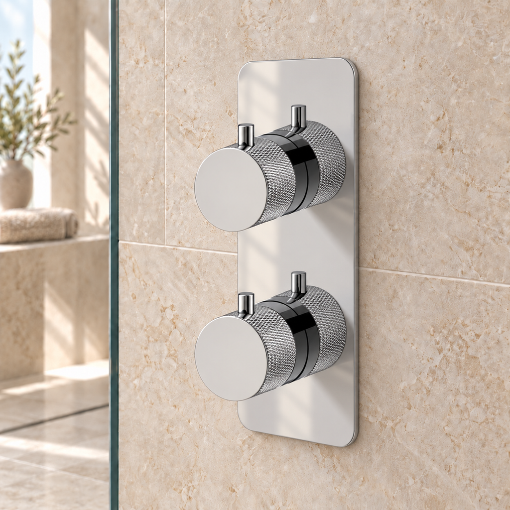 Tudeley Knurled Double Outlet Two Control Concealed Thermostatic Shower Valve