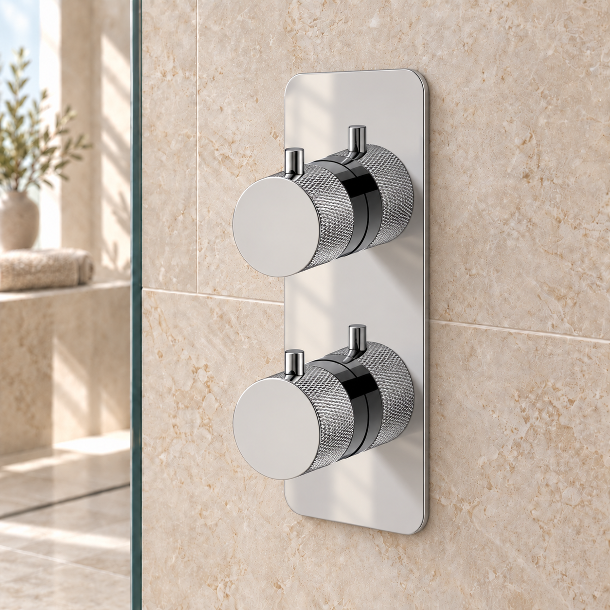 Tudeley Knurled Double Outlet Two Control Concealed Thermostatic Shower Valve