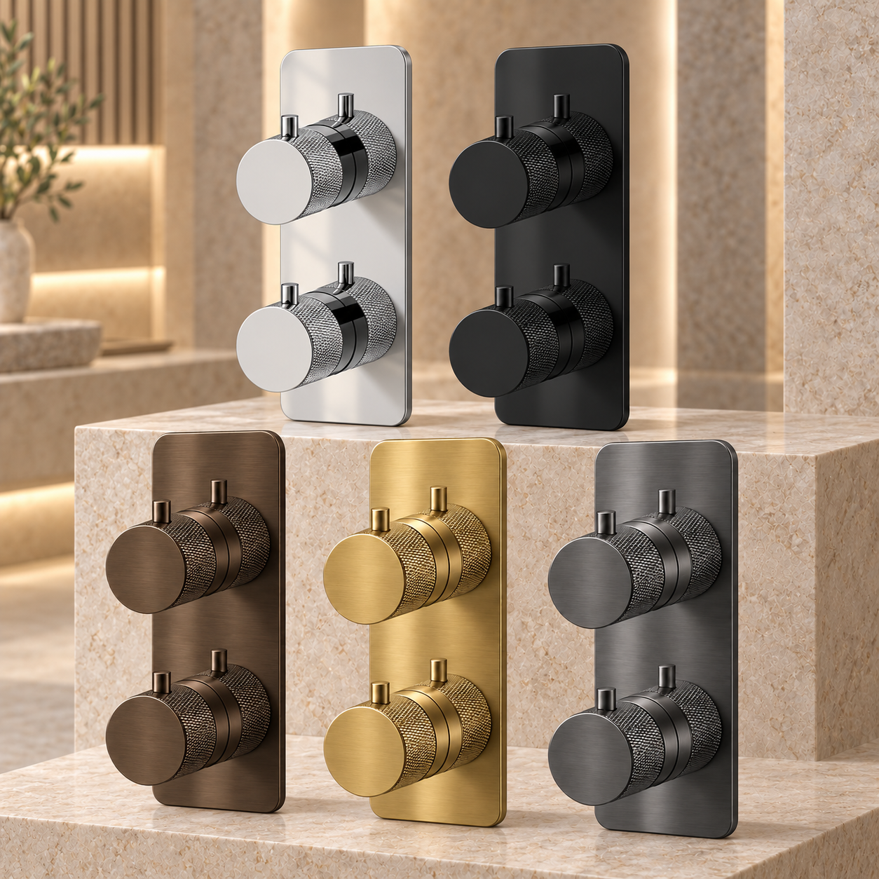 Tudeley Knurled Double Outlet Two Control Concealed Thermostatic Shower Valve