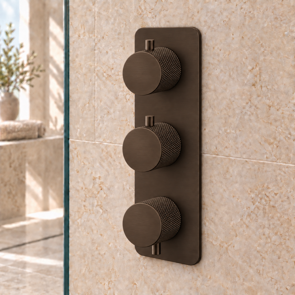 Tudeley Knurled Double Outlet Three Control Concealed Thermostatic Shower Valve