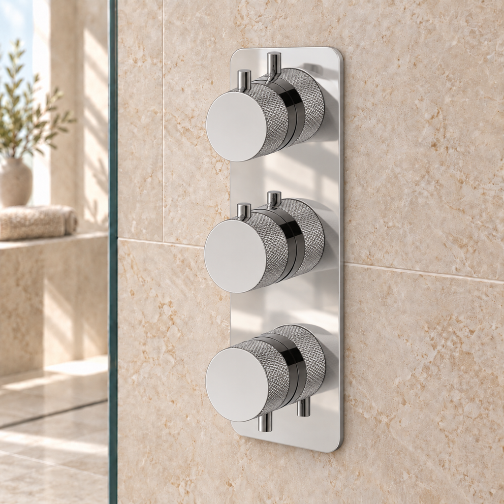 Tudeley Knurled Double Outlet Three Control Concealed Thermostatic Shower Valve