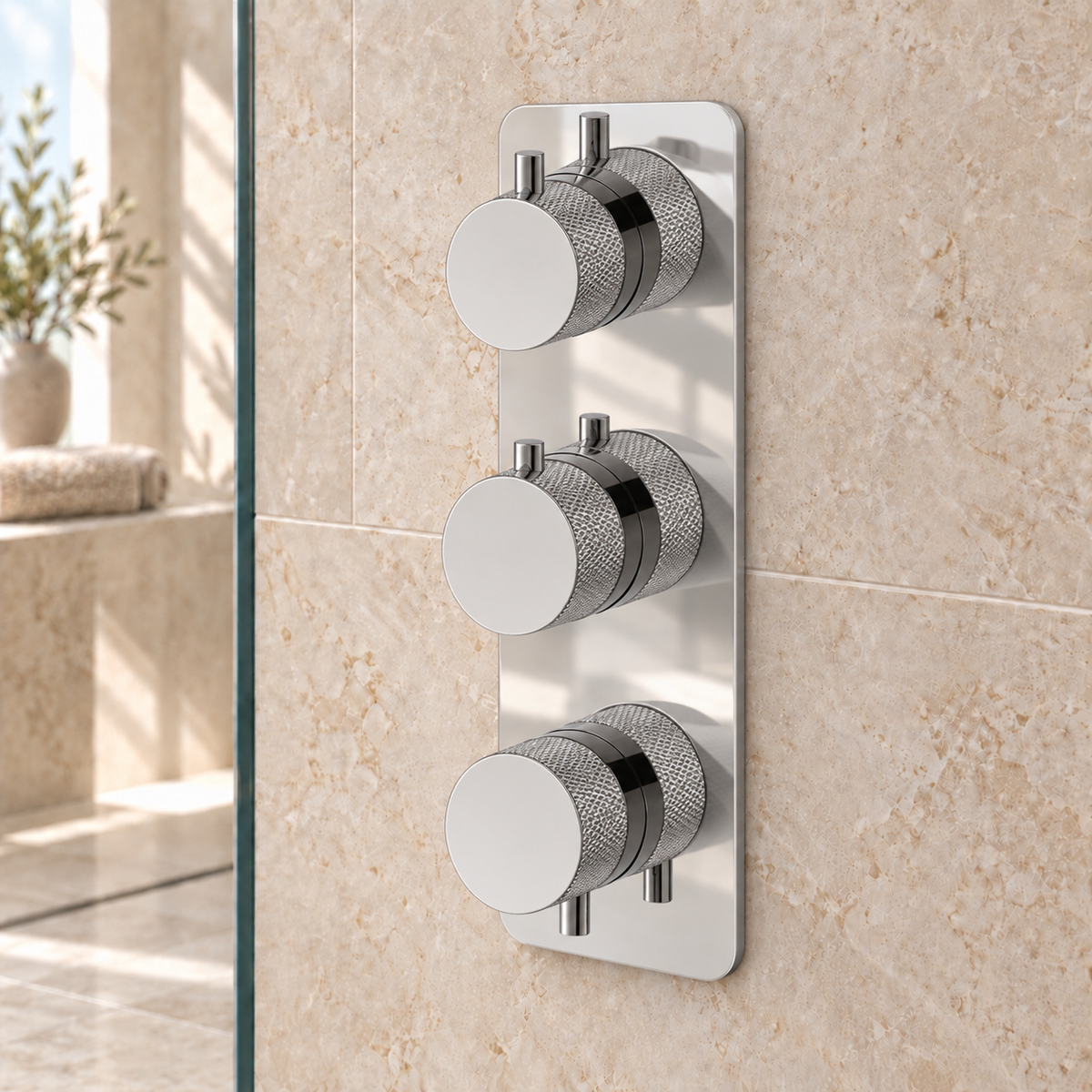 Tudeley Knurled Double Outlet Three Control Concealed Thermostatic Shower Valve