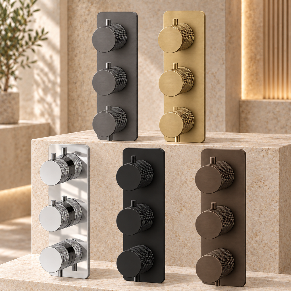 Tudeley Knurled Double Outlet Three Control Concealed Thermostatic Shower Valve