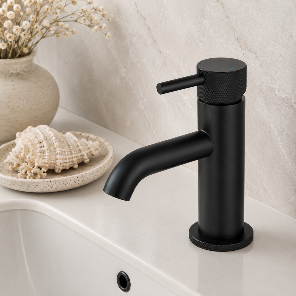 Tudeley Mini Basin Mixer Tap with Knurled Handle & Waste – 5 Finishes