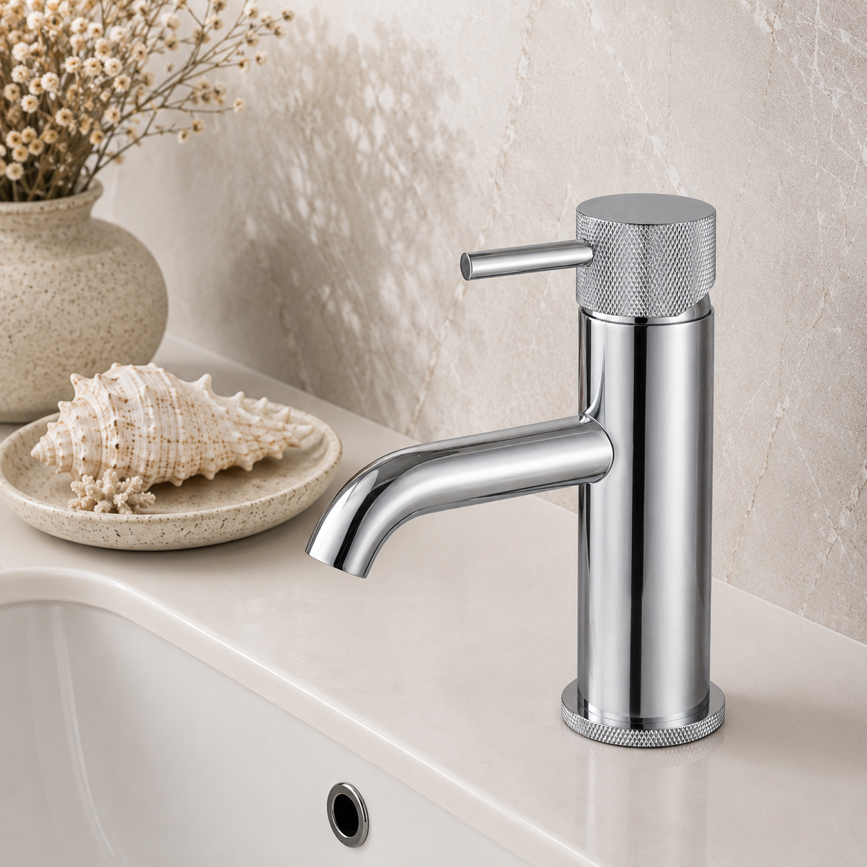 Tudeley Mini Basin Mixer Tap with Knurled Handle & Waste – 5 Finishes