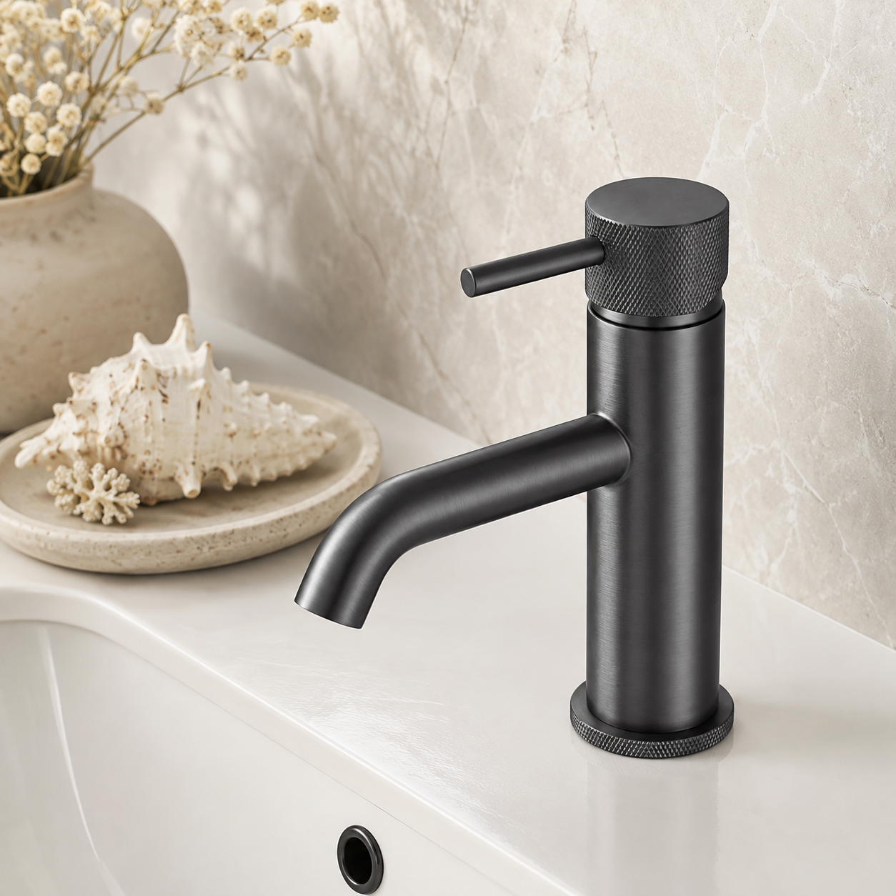 Tudeley Mini Basin Mixer Tap with Knurled Handle & Waste – 5 Finishes