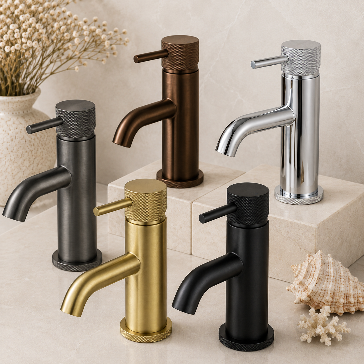 Tudeley Mini Basin Mixer Tap with Knurled Handle & Waste – 5 Finishes