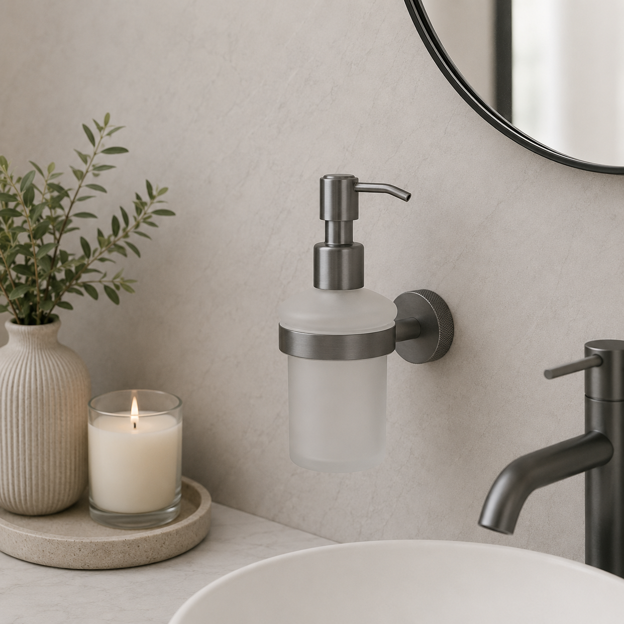 Tudeley Knurled Wall Mounted Soap Dispenser | Chrome, Matt Black, Gunmetal Grey & Matt Brushed Brass