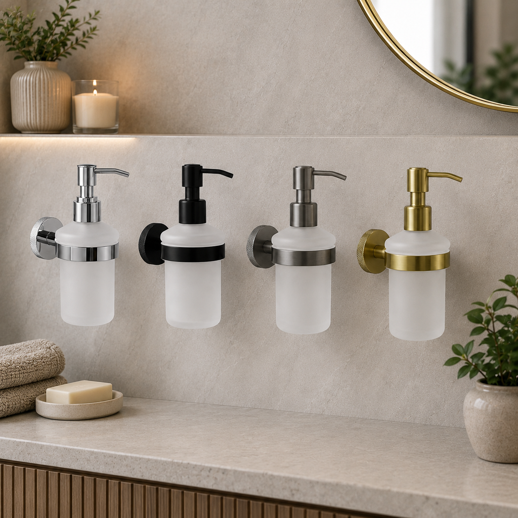 Tudeley Knurled Wall Mounted Soap Dispenser | Chrome, Matt Black, Gunmetal Grey & Matt Brushed Brass