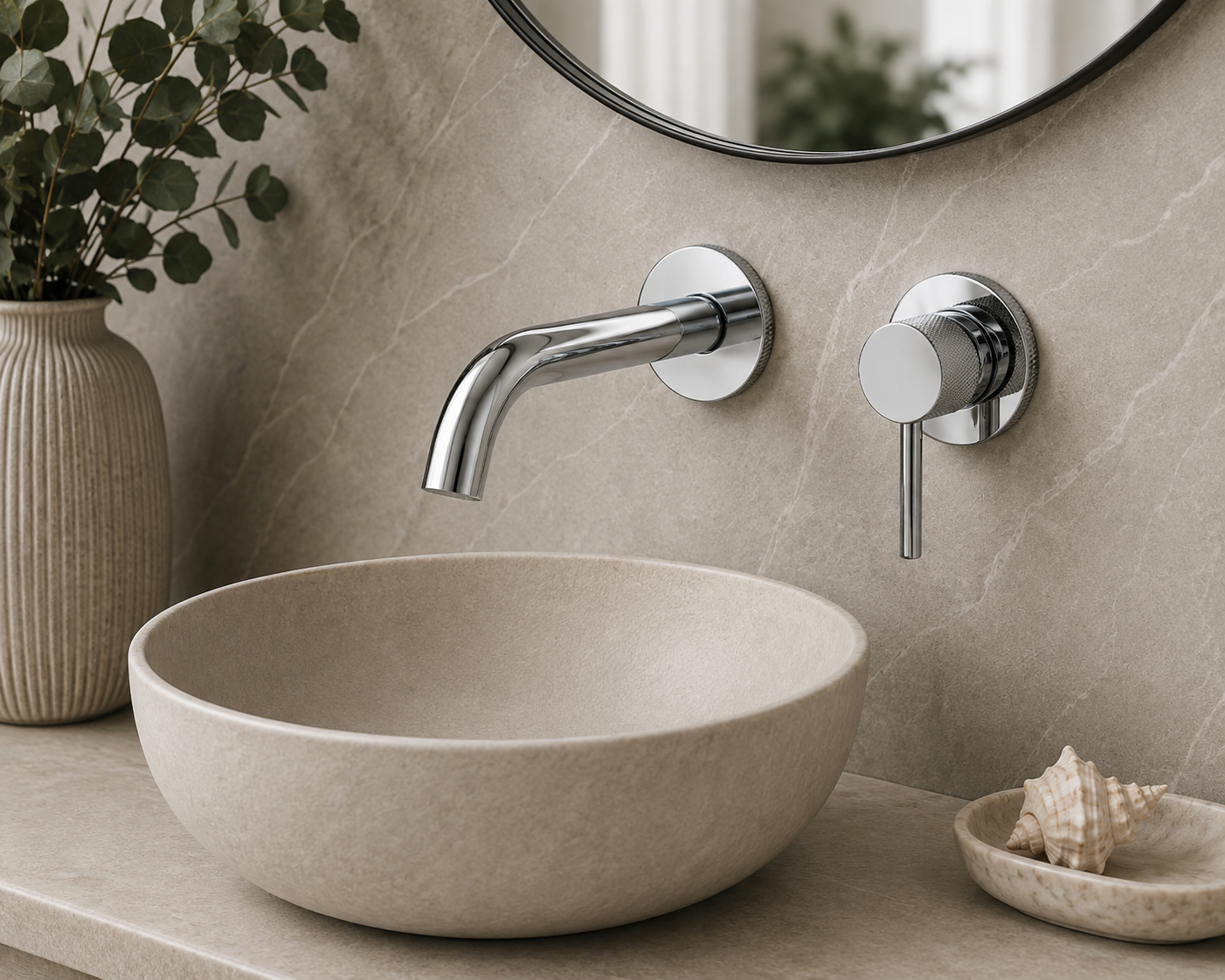 Tudeley Single Lever Wall Mounted Basin Mixer Tap with Knurled Handle & Waste – 5 Finishes