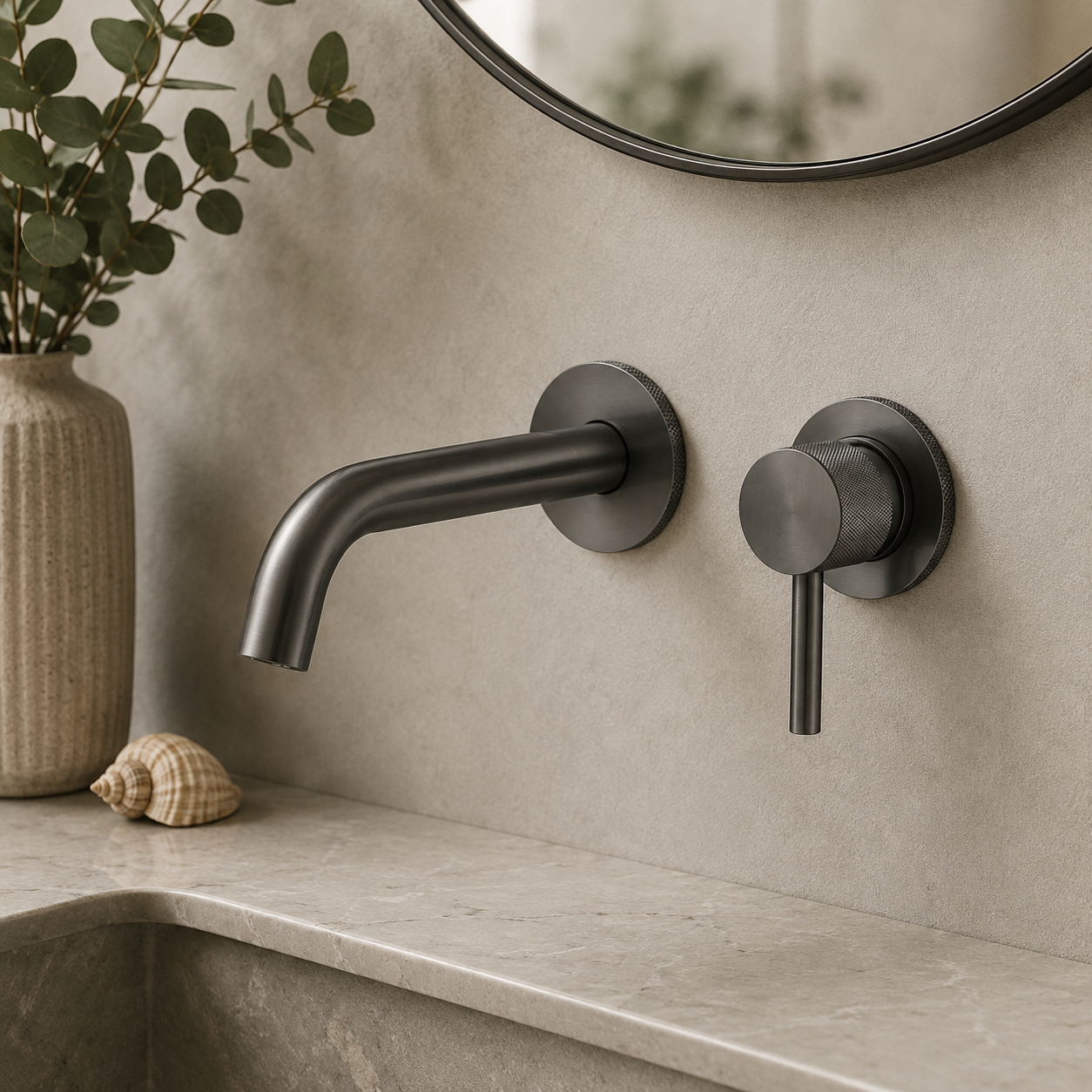 Tudeley Single Lever Wall Mounted Basin Mixer Tap with Knurled Handle & Waste – 5 Finishes