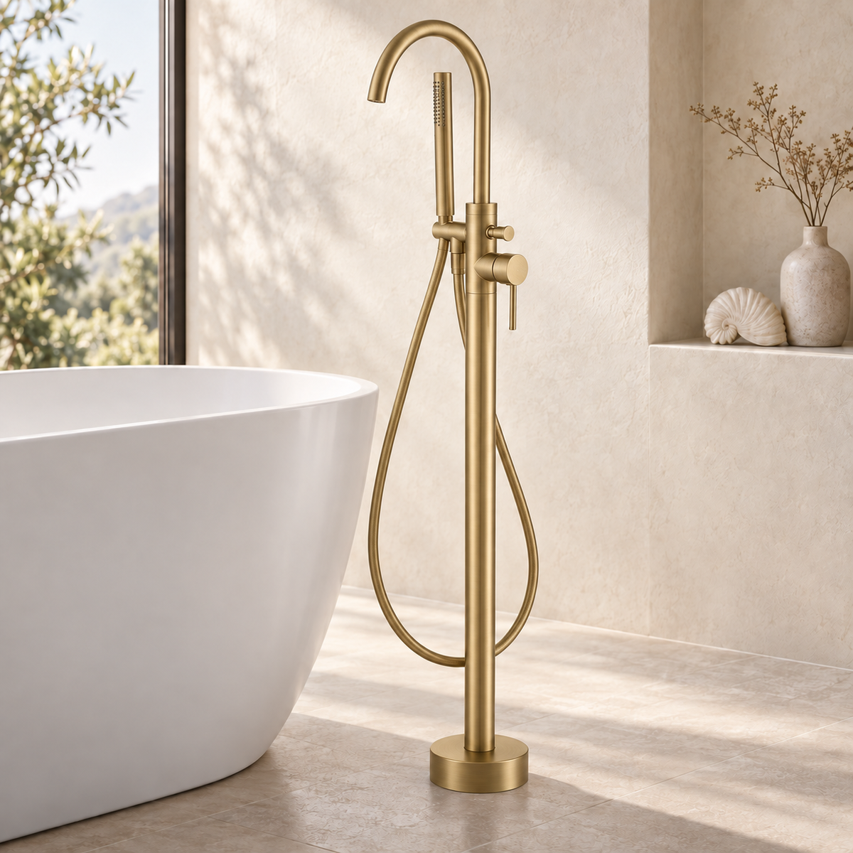 Tuscany Brushed Brass Floorstanding Bath Shower Mixer with Handset