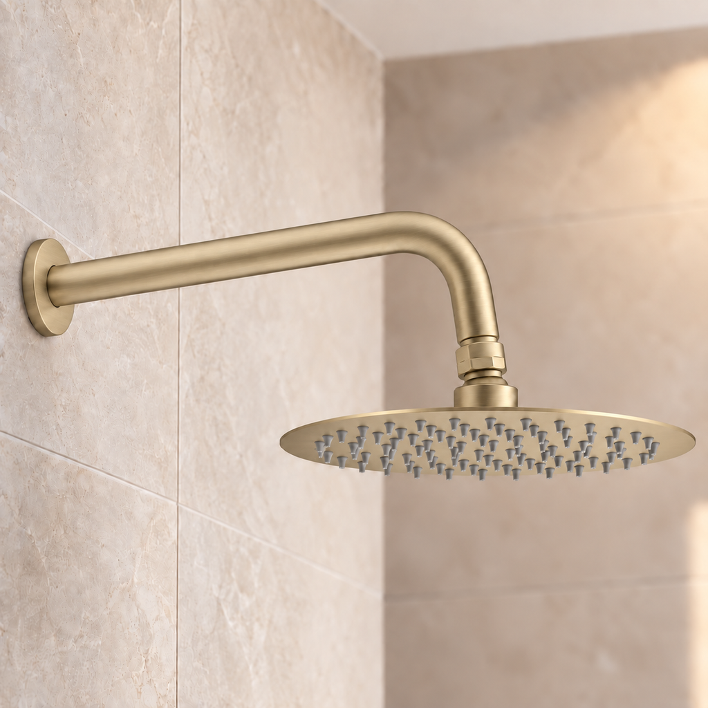 Tuscany Round Fixed Shower Head & Wall Arm – Brushed Brass