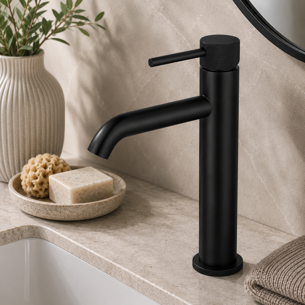 Tudeley Tall Basin Mixer Tap with Knurled Handle & Waste – 5 Finishes