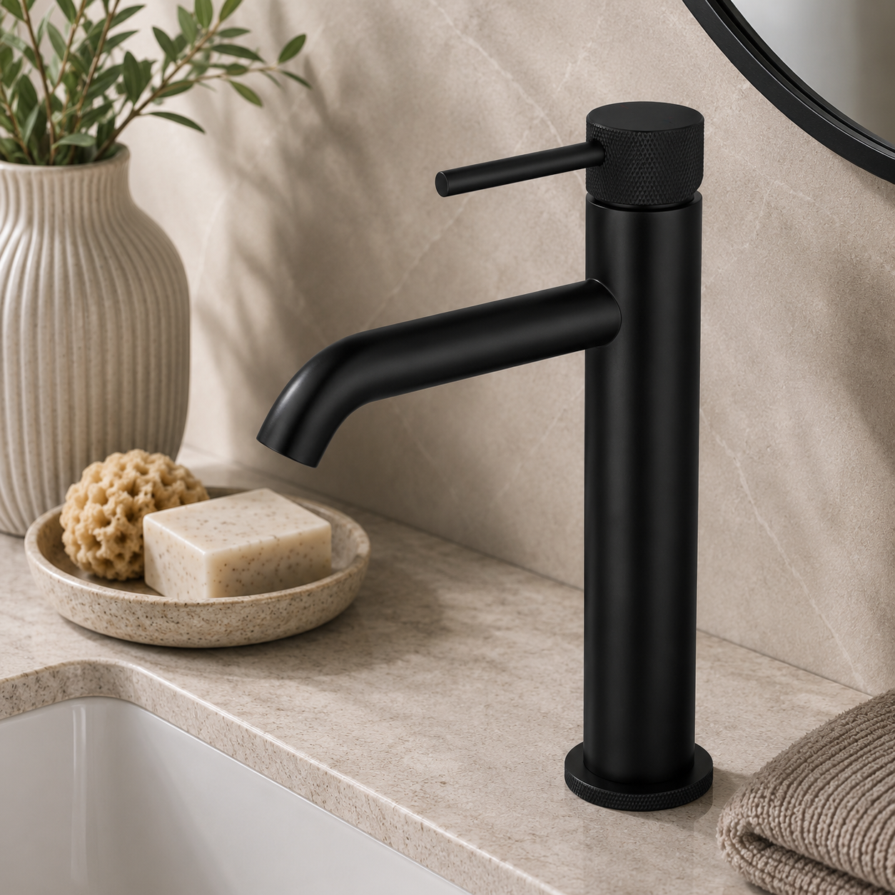 Tudeley Tall Basin Mixer Tap with Knurled Handle & Waste – 5 Finishes