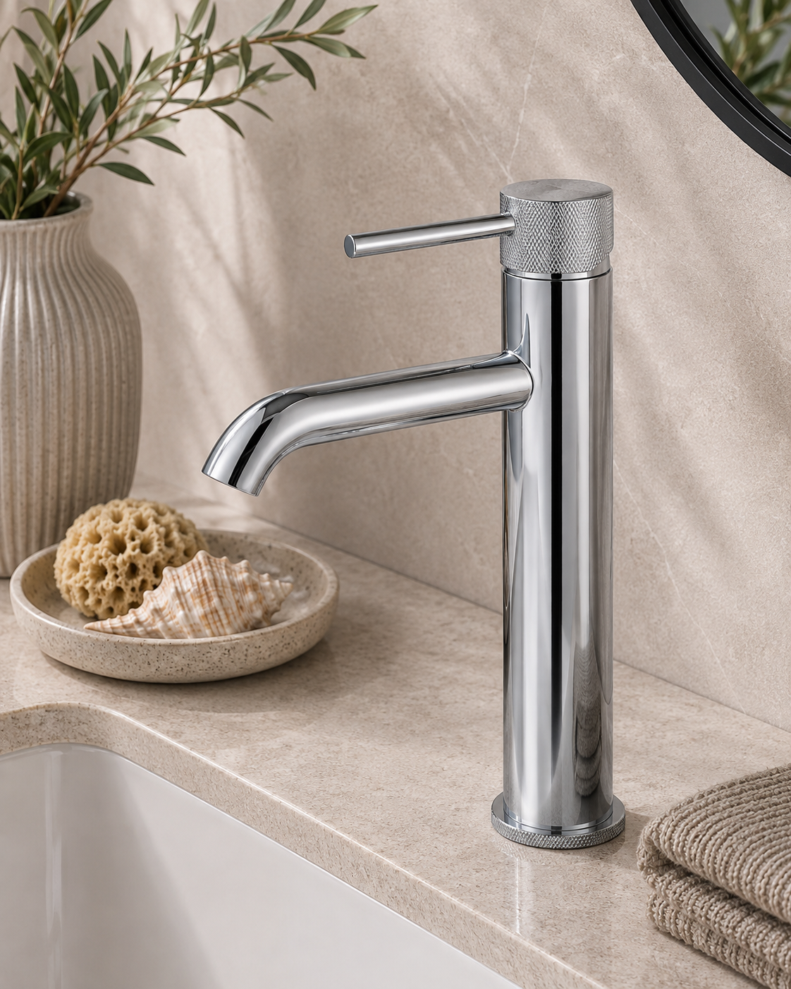 Tudeley Tall Basin Mixer Tap with Knurled Handle & Waste – 5 Finishes