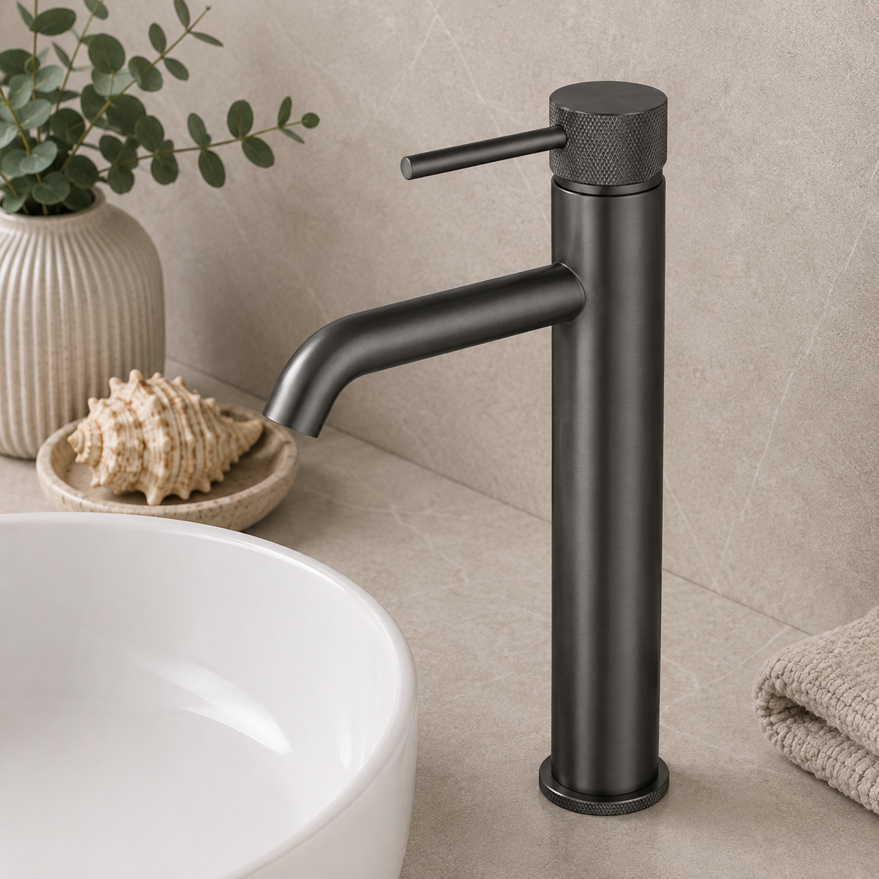 Tudeley Tall Basin Mixer Tap with Knurled Handle & Waste – 5 Finishes