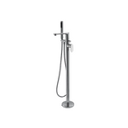 A modern floor-mounted bathtub faucet with a tall polished chrome column, adjustable spout, handheld shower attachment, and round base on a plain white background.