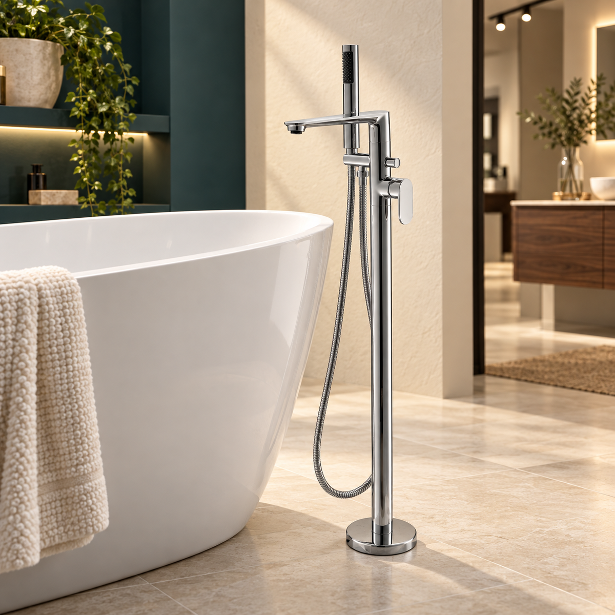 Urban chrome floorstanding bath shower mixer with stick handset and hose beside a white freestanding bath in a showroom.