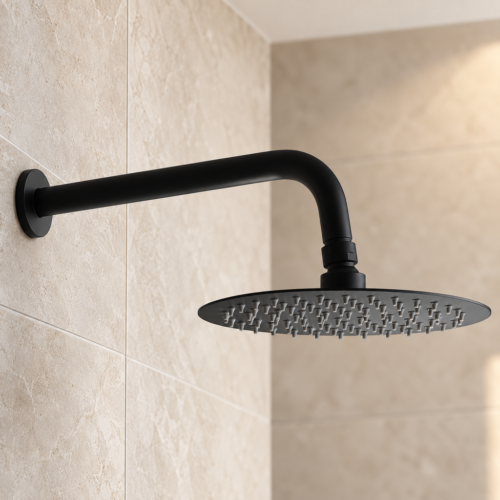 Utah Round Fixed Shower Head & Wall Arm – Matt Black