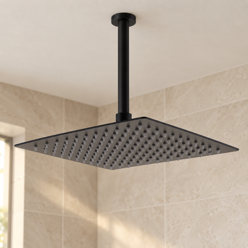 Utah 250mm Square Fixed Shower Head & Ceiling Arm – Matt Black