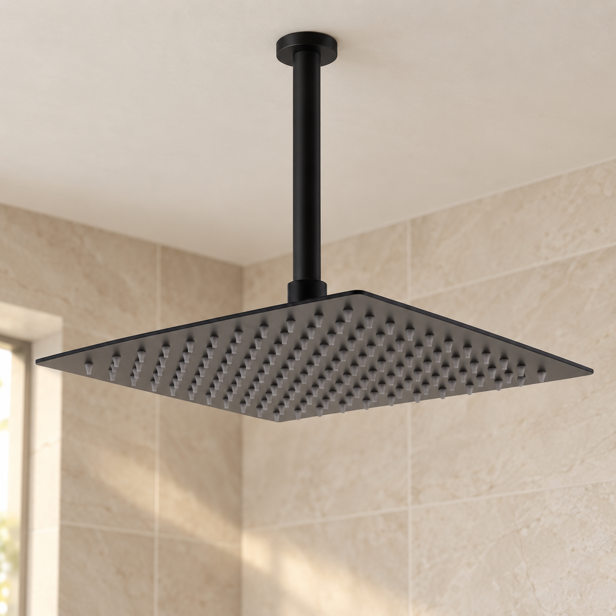 Utah 250mm Square Fixed Shower Head & Ceiling Arm – Matt Black
