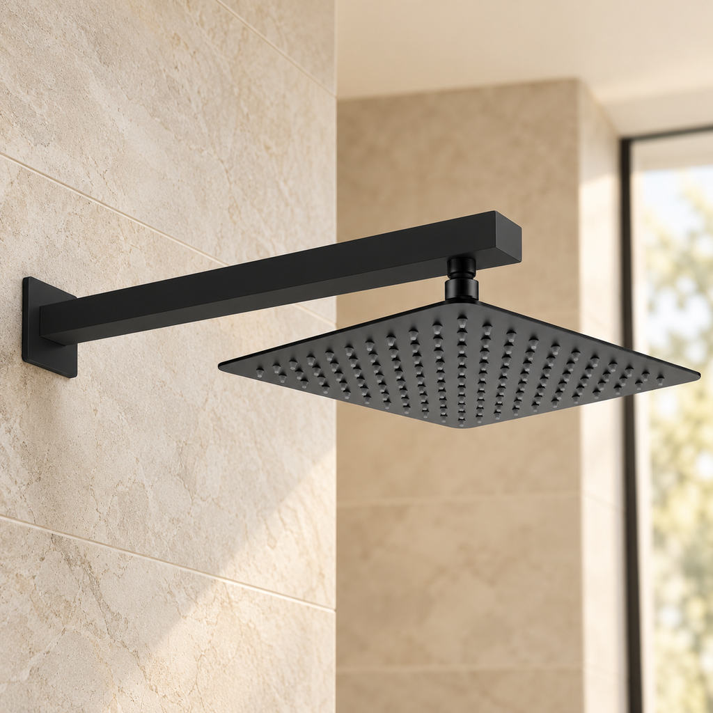 Utah Square Fixed Shower Head & Wall Arm – Matt Black