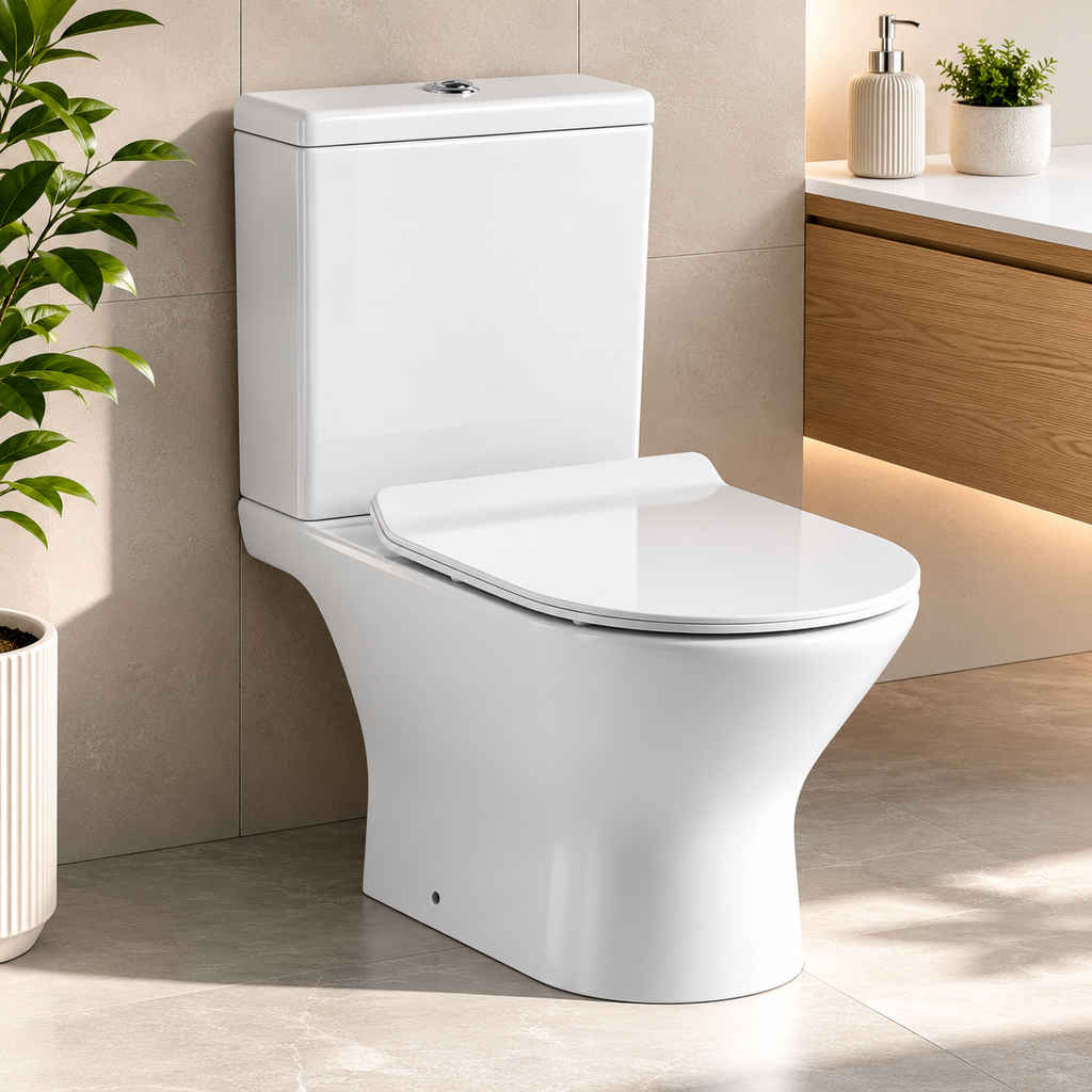 Venice Rimless Close Coupled Pan with Open Sides and Soft Close Seat