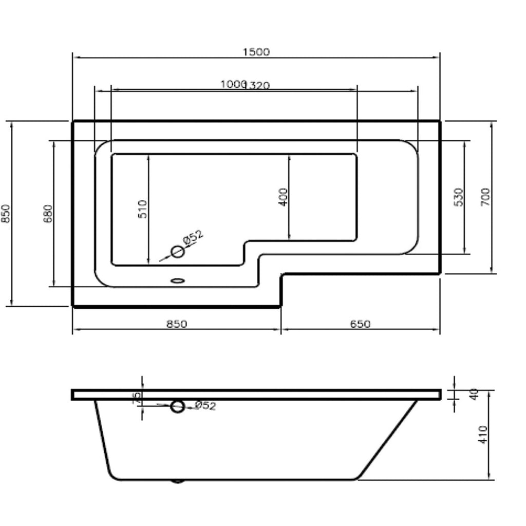 Vermont 1500 x 700mm Shower Bath - LH