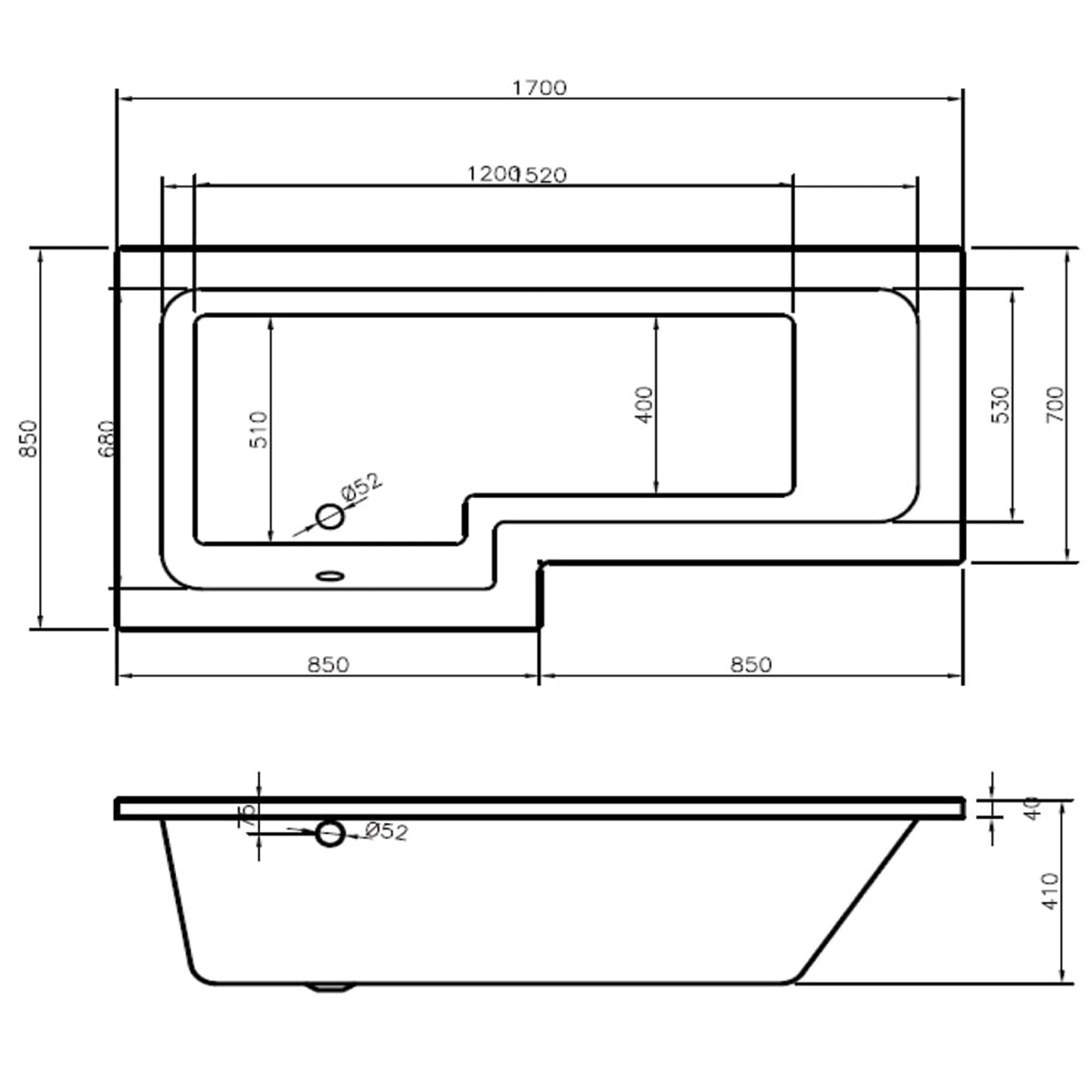 Vermont 1700 x 700mm Shower Bath - RH