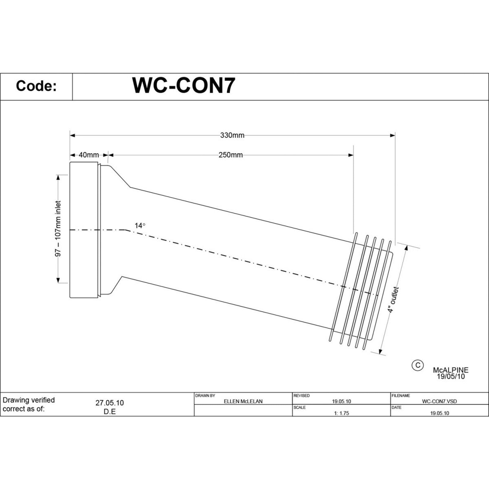 McAlpine 14 Degree Angle Adjustable Length Rigid WC Connector