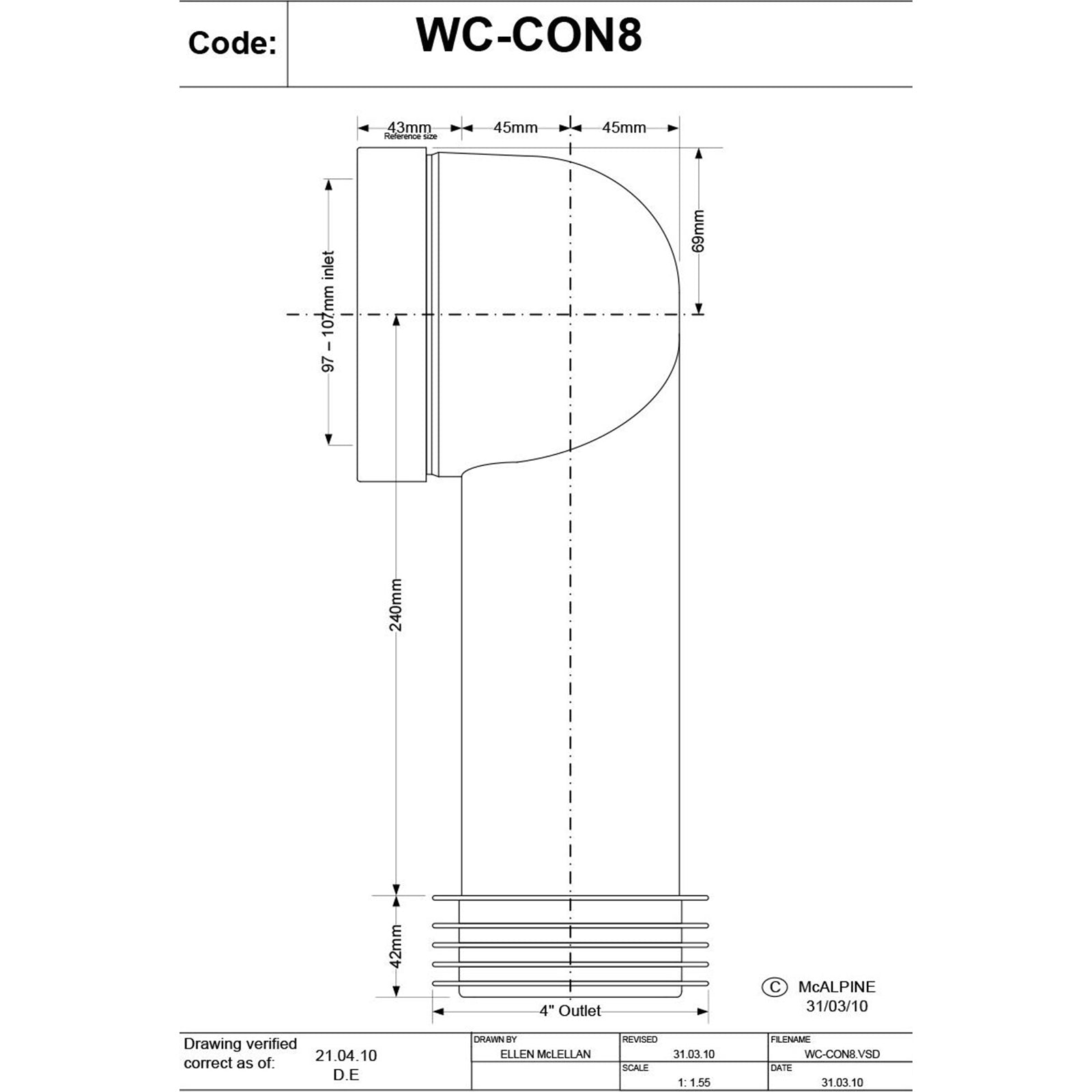 McAlpine 90 Degree Bend Adjustable Length Rigid WC Connector