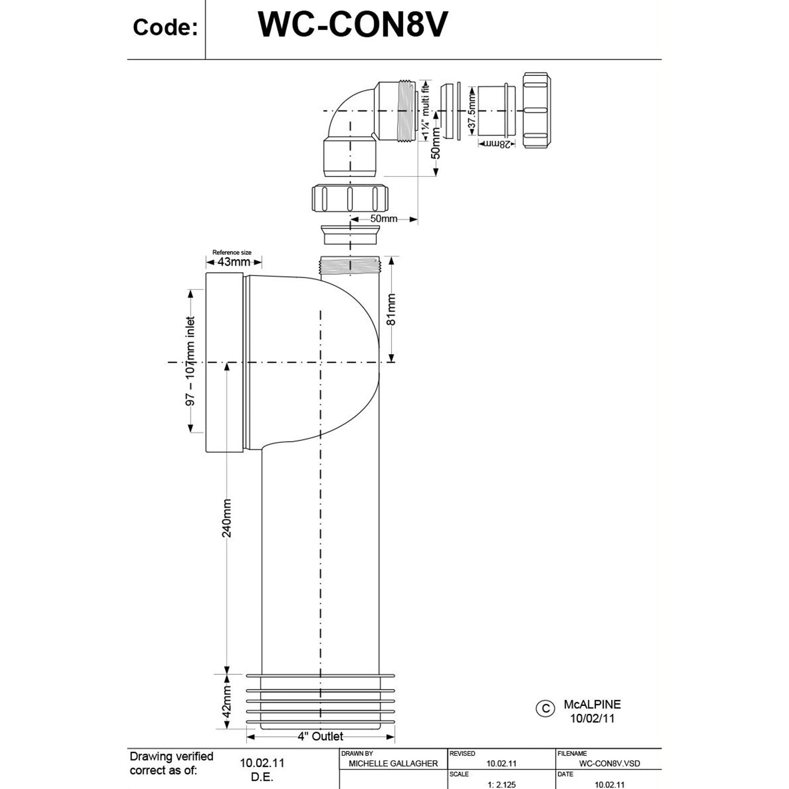 McAlpine 90 Degree Bend Adjustable Length Rigid WC Connector with Vent Boss